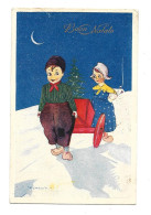Bonne Année; Buon Natale ; Couple Enfants - Lune ; Illustrateur ; Signé - Anno Nuovo