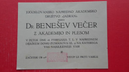 Jugoslovansko Napredno Akademsko Drustvo Jadran Ljubljana.Vabilo Dr.Benesov Vecer - Other & Unclassified