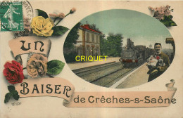 71 Crèches, Ancienne Fantaisie, Train En Gare Et Homme Avec Bouquet, Carte Pas Courante Affranchie 1909 - Other & Unclassified