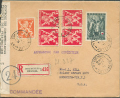 N°648-680(x4)-682 Obl. Sc BRUXELLES 1 Sur Lettre Recommandée Du 14-V-1945 Vers Brooklyn (USA) + Bande De Contrôle Des Co - Lettres & Documents