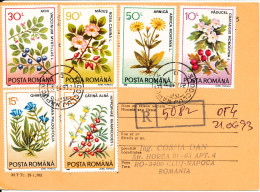 Romania Card Registered 21-6-1993 Topic Stamps Complete Set Of 6 FLOWERS - Storia Postale