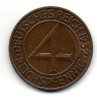 GERMANY - WEIMAR REPUBLIC, 4 Reichs Pfennig, Bronze, Year 1932-F, KM # 75 - 4 Reichspfennig