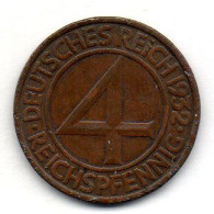 GERMANY - WEIMAR REPUBLIC, 4 Reichs Pfennig, Bronze, Year 1932-J, KM # 75 - 4 Reichspfennig