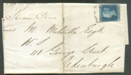 2p. Bleu  Well Marged, Letters O-D, Cancelled On Cover From Henry St Castle 27 Féb. 1845 To Edinburgh (Ecosse Scottland) - Storia Postale