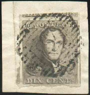 N°1a - Epaulette 10 Centimes Brun-GRIS, Superbement Margé Et 3 Voisins, Oblitération Auréolant L'effigie, Sur Petit Frag - 1849 Mostrine