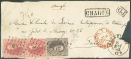 N°14(2)-16 - Médaillons 10 Centimes Brun Et Centimes Carmin-rose ( Paire Verticale) Obl. LP.60 Sur Devant De Lettre De B - 1863-1864 Medaillons (13/16)