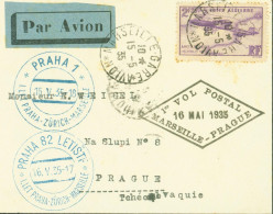 YT France Poste Aérienne N°7 Cachets 1er Vol Postal Marseille Prague 16 5 35 + Praha Zurich Marseille - 1927-1959 Covers & Documents