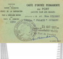 GUINEE FRANCAISE 1957. Carte Entrée Permanente Au Port Délivrée Par Le Cinéma PALACE à Conakry - Tickets D'entrée