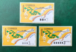 España Spain 1997, ATM ETIQUETA, MÚSICA,3 Etiquetas VALOR MÍNIMO, MOBBA, EPELSA - Timbres De Distributeurs [ATM]