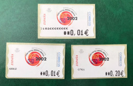 España Spain 2002, ATM ETIQUETA, FORO POSTAL EUROPA - AMÉRICA, 3 ATM (UNO CON ERROR), Nuevos ** - Vignette [ATM]