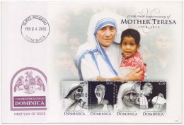 Mother Teresa With Child, Saint, Religion, Peace, Nobel Prize, Famous Women, Dominica Souvenir Sheet FDC - Mother Teresa