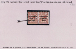 Ireland 1923 Harrison Saorstat Coils 1½d Brown Variety "Long 1 In 1922" Left Stamp Of Horizontal Pair Mint Hinged - Ongebruikt