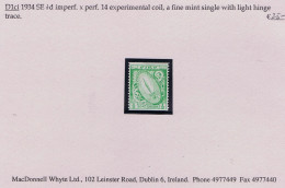 Ireland 1934 SE ½d Green Imperf X Perf 14 Experimental Coil Fresh Mint Hinged - Neufs