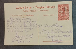 CONGO BELGE / EP 10c SURCHARGÉ 15c / N° 25  GARE DE MAYUMBE / TSHIKAPA  VERS GYSEGHEM 1924 - Stamped Stationery