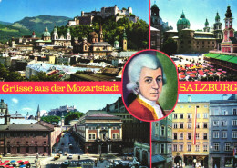 SALZBURG, MULTIPLE VIEWS, ARCHITECTURE, TERRACE, CARS, UMBRELLA, CASTLE, CHURCH, MOZART PAINTING, AUSTRIA - Salzburg Stadt