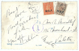 P2518 - ITALIA LIBIA, BRITISH OCCUPATION, POST CARD 23.7.1947 TO VERY RARE DESTINATION, MALTA!!!!!!! - Occ. Britanique MEF