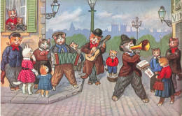 ILLUSTRATEUR - Les Habitants Du Village Des Chats Chantant Dans La Rue - Colorisé - Carte Postale Ancienne - Autres & Non Classés