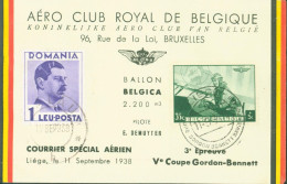 Aéro Club Royal Belgique Ballon Belgica Pilote Demuyter Courrier Spécial Aérien Liège 11 9 38 3e épreuve Ve Coupe Gordon - Lettres & Documents