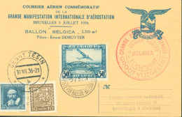 Courrier Aérien Commémoratif Grande Manifestation Intenationale D'aérostation Bruxelles 5 7 36 Ballon Belgica - Covers & Documents