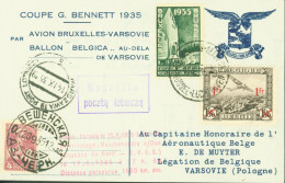 Coupe Gordon Bennett 1935 Avion Bruxelles Varsovie Par Ballon Belgica Au Delà Varsovie YT Belgique N°386 + AE N°6 - Lettres & Documents