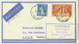 Grenoble Premier Service Postal Aérien 28 Aout - 6 Septembre 1936 Pilote Guenon Saulgrain N°51 YT 279 + 316 Par Avion - 1927-1959 Covers & Documents