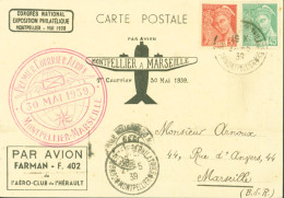 Congrès National Exposition Philatélique Montpellier Mai 1939 Cachet 1er Courrier Aérien 30 5 59 Montpellier Marseille - 1927-1959 Lettres & Documents