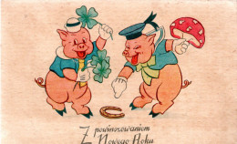 CARTE DE VOEUX AVEC DEUX PETITS COCHONS TENANT DU TREFLE ET UN CHAMPIGNON - Hongos