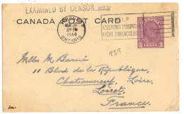 CANADA WW II ENTIER CARTE OBLITERE TORONTO 1944 POUR LA FRANCE CENSURE - Brieven En Documenten