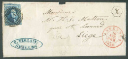 N°7 - Médaillon 20 Centimes Bleu, Voisin En Haut, Légèrement Effleuré à Gauche, Obl. P.3 Sur L. (2 Rabats) D'ANDENNES Le - 1851-1857 Medallions (6/8)