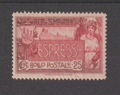 SAN  MARINO: 1907  ESPRESSO  ALLEGORIA  -  25 C. ROSA  CARMINIO  N. -  CENTRATURA  ECCEZIONALE  -  SASS. 1  -  SPL. - Sellos De Urgencia