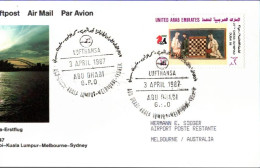 ! 1987 Erstflug , Airmail Abu Dhabi-Sydney, UAE Chess Olympiad Dubai 1986 Stamp, Schach Briefmarke - Abu Dhabi