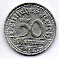GERMANY - WEIMAR REPUBLIC, 50 Pfennig, Aluminum, Year 1922-D, KM # 27 - 50 Renten- & 50 Reichspfennig
