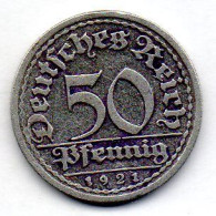 GERMANY - WEIMAR REPUBLIC, 50 Pfennig, Aluminum, Year 1921-F, KM # 27 - 50 Renten- & 50 Reichspfennig