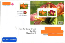 Canada FDC Cover To China — 2012 Flowers - Daylilies Stamp & MS/Block - Covers & Documents