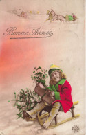 ENFANT - Bonne Année - Fillette Faisant De La Luge - Colorisé - Carte Postale Ancienne - Andere & Zonder Classificatie