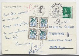 BEQUET 80C VERT SEUL CARTE MEC LA LONDE MAURES VAR 1978 POUR LYON TAXE FLEURS 30C BLOC DE 4 - 1971-1976 Marianna Di Béquet