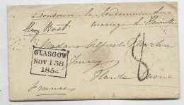 SCOTLAND LETTRE COVER GLASCOW NOV 1 1852 TO FRANCE TAXE 8 - Briefe U. Dokumente