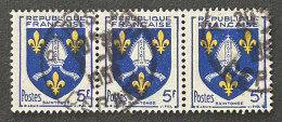 FRA1005Ux3h - Armoiries De Provinces (VII) - Saintonge - Stripe Of  3 X 5 F Used Stamps - 1954 - France YT 1005 - 1941-66 Stemmi E Stendardi