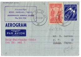 NORVEGE AEROGRAMME 45 ORE AVEC COMPLEMENT OBLITERE PREMIER VOL DIRECT BODO TOKYO DIRECT 24 5 1954 - Lettres & Documents