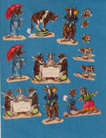 Anthropomorphisme  Vache Boeuf Bel Ensemble Chromos Découpis Gaufrés Danse Cake Walk Repas Parapluie Majordome Cirque - Animales