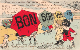 ILLUSTRATEUR - Bon Souvenir - Des Couples Dans La Rue Par Un Jour De Pluie - Colorisé - Carte Postale Ancienne - Autres & Non Classés