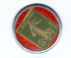 Timbre-monnaie. Semeuse 5 Centimes Vert. Société Générale. Fond Rouge - Noodgeld