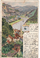 ALLEMAGNE . LITHOGRAPHIE. "WEHLEN BASTEI ".   ANNÉE 1899 + TEXTE  + TIMBRE - Wehlen