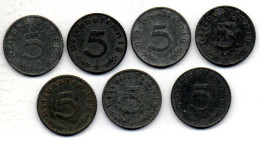 GERMANY - THIRD REICH, Set Of Seven Coins 5 Reichs Pfennig, Zinc, Year 1940-44-A,B,D,E,F,G,J, KM # 100 - 5 Reichspfennig