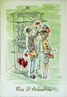 ►    Illustration Couple Saint Valentin   Fleuriste   Coeur Enlacé   Sac à Main Chapeau    Carte Non écrite - Valentinstag