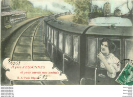 (XX) Carte Montage Gare Train Locomotive Voyageuse. Je Pars De 91 ESSONNES 1908 - Essonnes