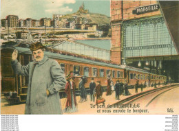 (XX) Carte Montage Gare Train Locomotive Voyageuse Voyageur. Je Pars De MARSEILLE 13 - Station Area, Belle De Mai, Plombières