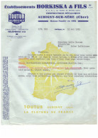 Document 1952 établissements Horkiska & Fils à Aubigny Sur Nère Cher Touttub La Cloture De France - 1950 - ...