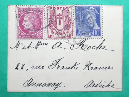 N°407 + 672 + 679 MIXTE MERCURE CHAINES BRISEES CERES MAZELIN MIGNONETTE TARIF 2F ANNONAY ARDECHE COVER FRANCE - 1945-47 Ceres Of Mazelin