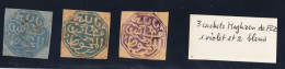 Postes Locales Du Maroc, 3 Cachets Maghzen Octogonaux De Fez Sur Petits Fragments, 1 Violet Et 2 Bleus TB - Sellos Locales